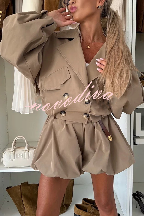 Fashion Style Button Long Balloon Sleeve Pocket Lapel Casual Bomber Jacket
