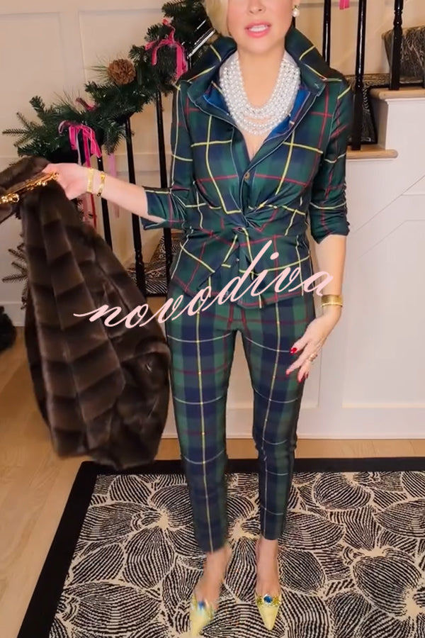 Embrace The Festival Plaid Twist Half Sleeve Shirt and Elastic Waist Pencil Pants Set