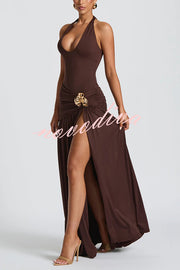 Solid Color Halter Neck Backless Slim Fit Pleated Slit Maxi Dress