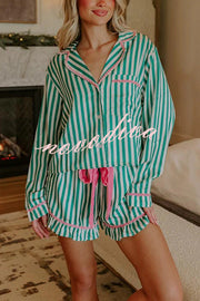 Merry and Bright Satin Striped Color-block Trim Loose Shirt and Elastic Waist Pocket Pajama Set