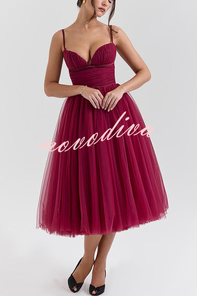 Royal Treatment Tulle Bows Detail Ruched Slip Midi Dress