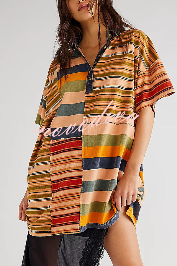 Contrast Striped Patchwork Denim Lapel Loose Casual Mini Dress