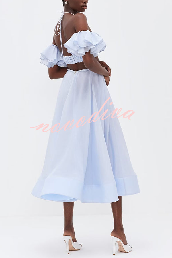 So Chic Linen Blend Tiered Ruffles Bell Sleeve Back Elastic Crop Top