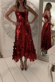 Party Tips Sequin Irregular Round Tassels Hem Back Cutout Tank Maxi Dress