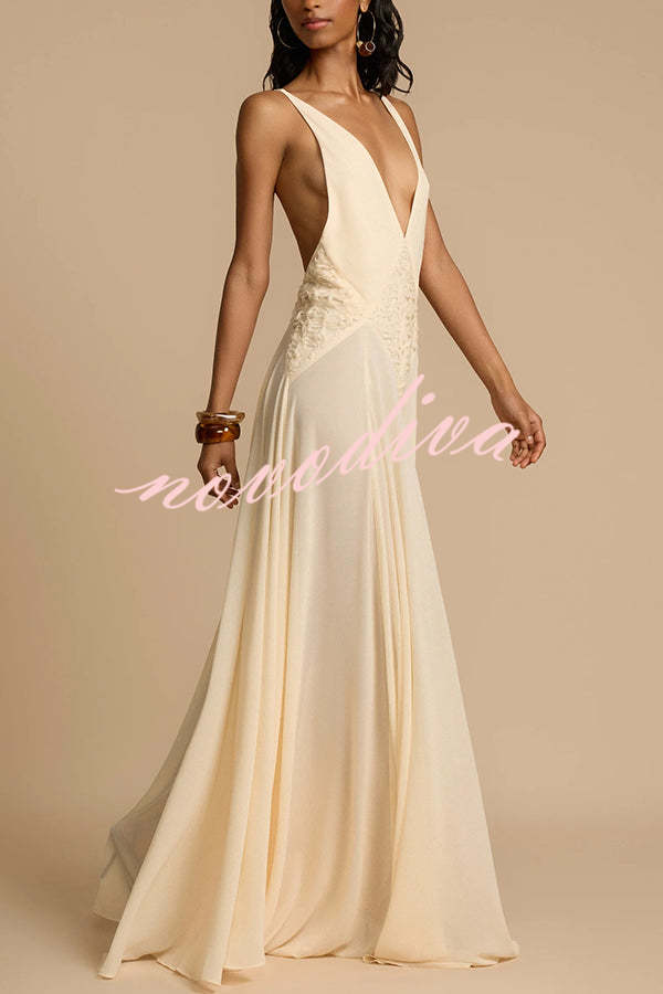 Modern Muse Tulle Lace Patchwork Backless Flowy Maxi Dress