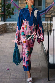 Seaside Stroll Satin Unique Print Button Up Long Sleeve Slit Kaftan Midi Dress