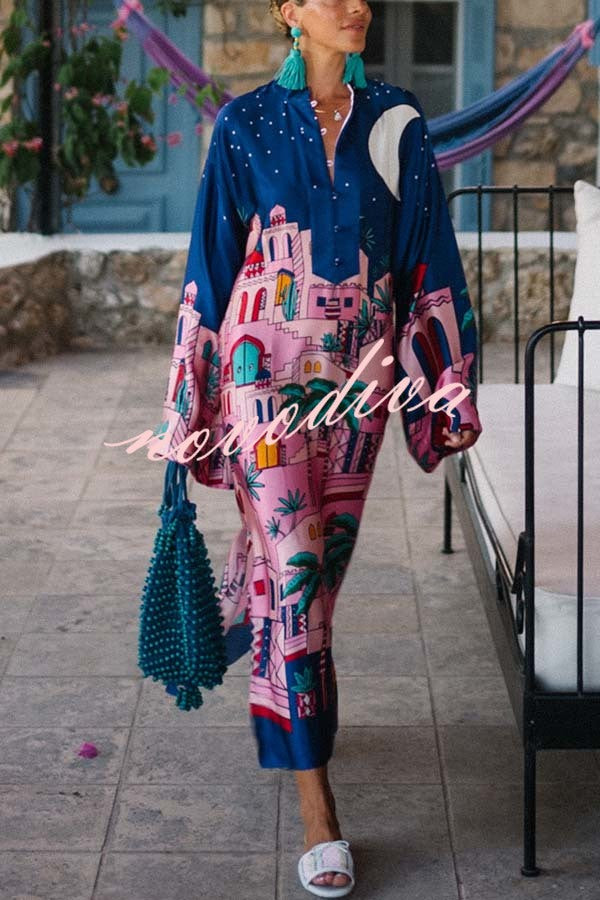 Seaside Stroll Satin Unique Print Button Up Long Sleeve Slit Kaftan Midi Dress