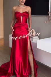 Emiliana Satin Twist Bust Cutout Corset Slit Prom Maxi Dress