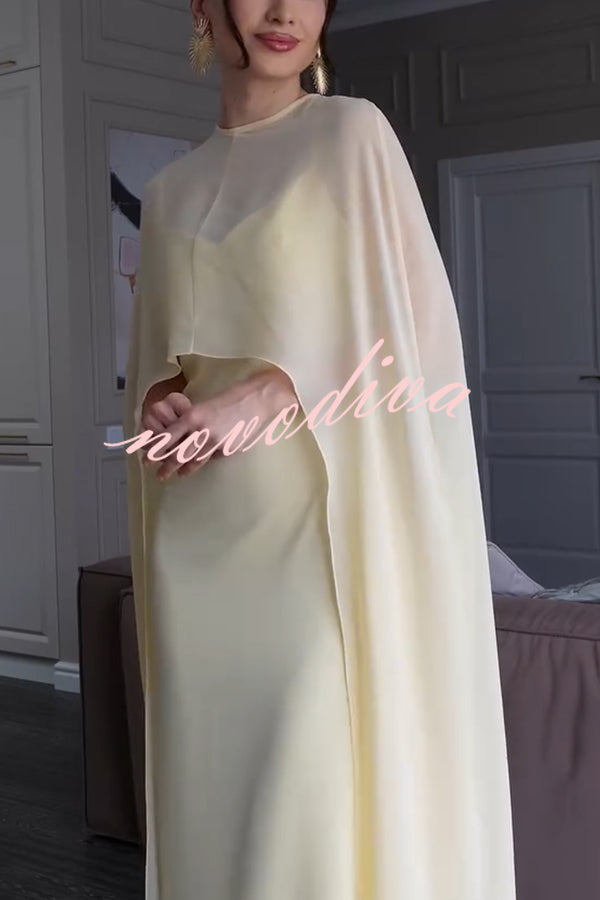 Moonlit Muse Sheer Chiffon High Low Cape Slip Maxi Dress