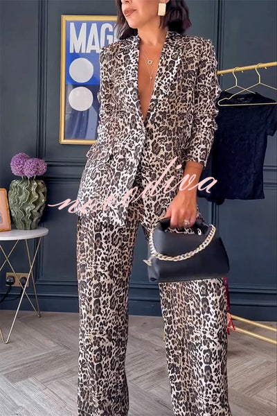 Wild Lifestyle Leopard Print Lapel Blazer and Elastic Waist Pocketed Wide Leg Pants Set