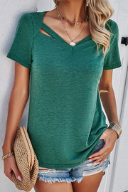 Casual Solid Color Short Sleeved V Neck Hollow T-Shirt