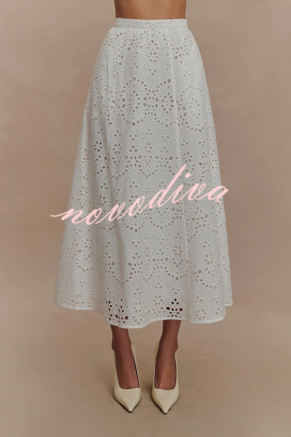 Arla Embroidered Lace Hollow High Rise A-line Midi Skirt