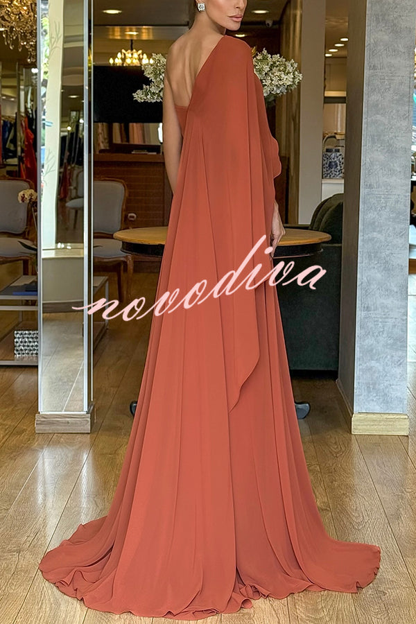 Iriena Chiffon One Shoulder Rose Decoration Waist Formal Maxi Dress