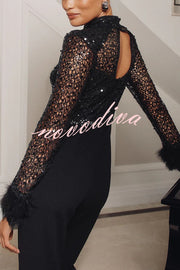 Aerie Sequin Embellished Mock Neck Long Sleeve Feather Cuff Flare Jumpsuit