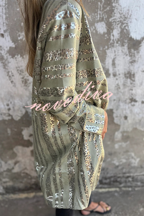 Fashionable Gold Foil Leopard Print Suede Long Sleeve Loose Pocket Midi Coat