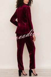 Solid Color Velvet Long-sleeve Blazer and Elastic Waist Pocket Pants Set