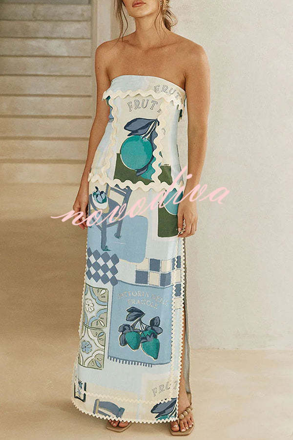 Antonella Ric Rac Trims Unique Print Off Shoulder Slit Maxi Dress