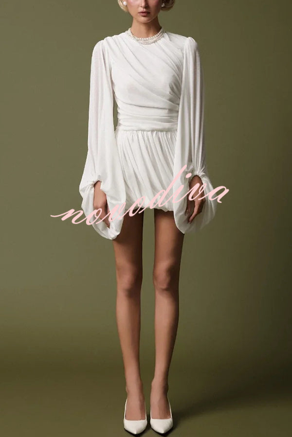 Solid Color Round Neck Lantern Long Sleeve Pleated Casual Mini Dress