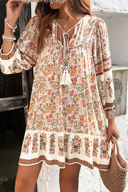 Bohemian Style Unique Printed Casual V-neck Tie Loose Mini Dress