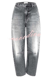 Casual Meetup Washed Denim Mid Rise Pocketed Barrel Jeans