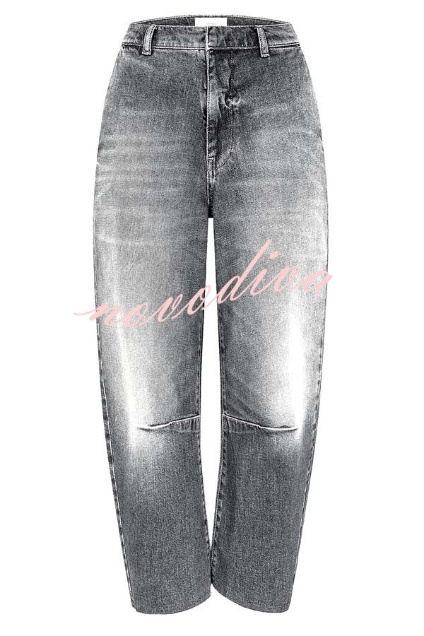 Casual Meetup Washed Denim Mid Rise Pocketed Barrel Jeans