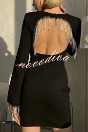 Fashionable Fringed Square Neck Bell Sleeves Hollow Back Mini Dress