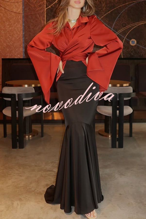 Jenny Satin High Rise Elastic Waist Flare Maxi Skirt