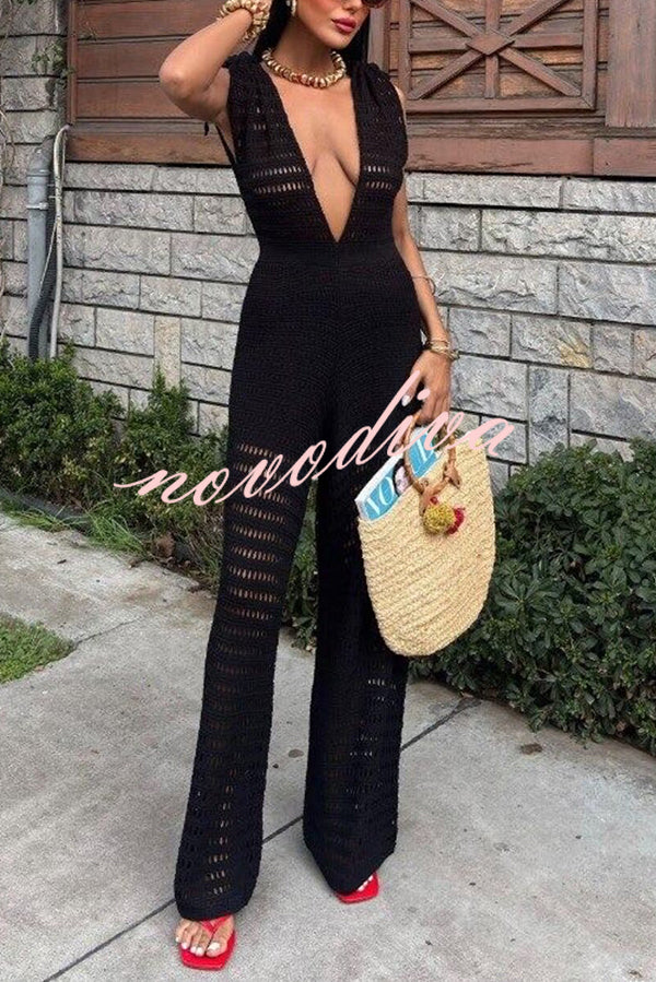 Solid Color Knitted V-neck Holiday Hollow Casual Jumpsuit