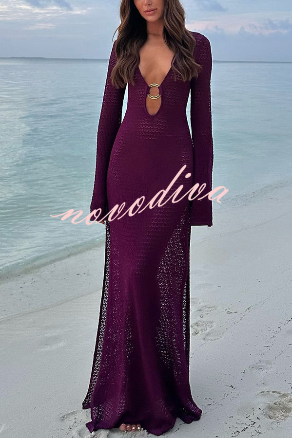 Seaside Goddess Crochet Knit Hollow Out Golden Ring Long Sleeve Cover-up Maxi Dress