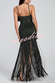 Sexy Halterneck Open Back Elegant Tassel Slim Maxi Dress