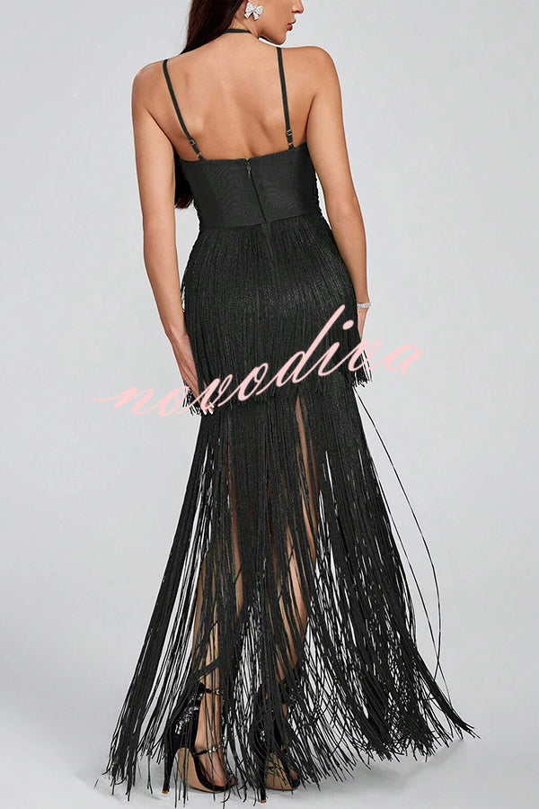 Sexy Halterneck Open Back Elegant Tassel Slim Maxi Dress