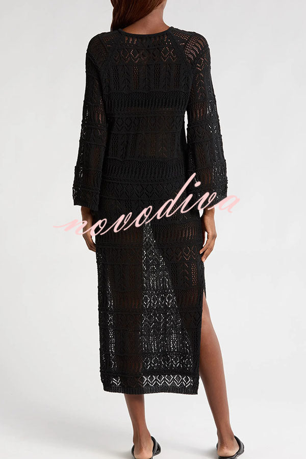 Hollie Knit Unique Pattern Tie-up Long Sleeve Cover-Up Midi Dress