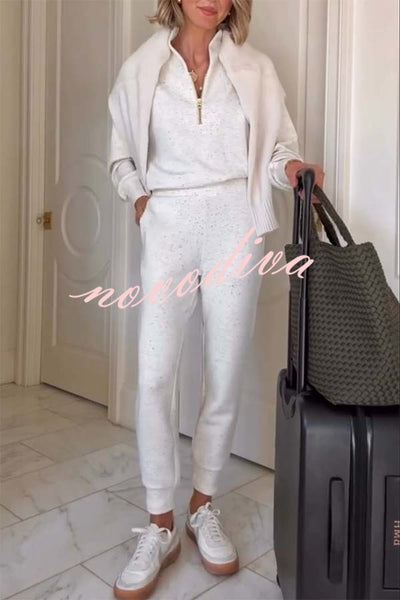 Ivory Marl Fleck Half-Zip Neck Long Sleeve Sweatshirt and Elastic Waist Pocket Jogger Set