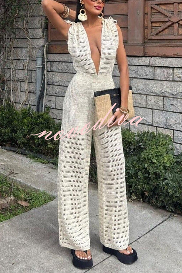 Solid Color Knitted V-neck Holiday Hollow Casual Jumpsuit