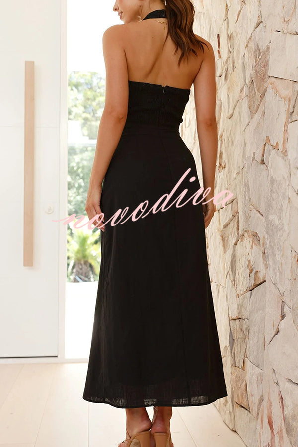 Solid Color Sleeveless Halter Neck Backless Slim Fit Maxi Dress