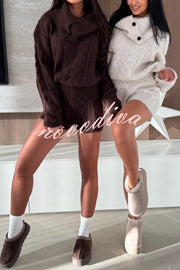 Diviano Cabble Knit Button Scarf Long Sleeve Sweater and Stretch Mini Shorts Set（3 Pieces）