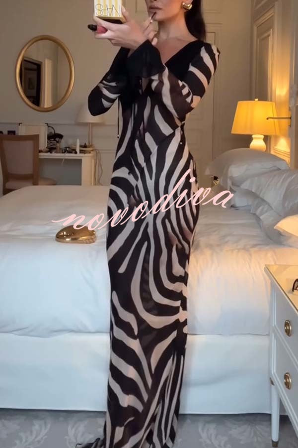 City Night Chiffon Colorblock Animal Print Tie-up Long Sleeve Maxi Dress