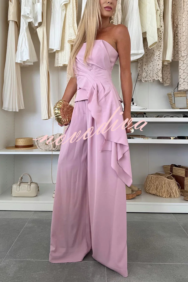 Elegant Solid Color Asymmetric Ruffles Bandeau Top and High Waist Wide Leg Pants Set