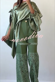 Chic Moment Satin Irregular Knot Slit Sleeve One Shoulder Loose Blouse