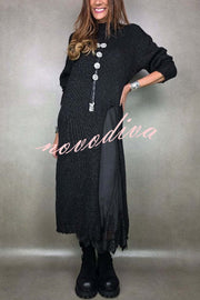 Solid Color Knitted Long-sleeved Casual Slit Midi Dress