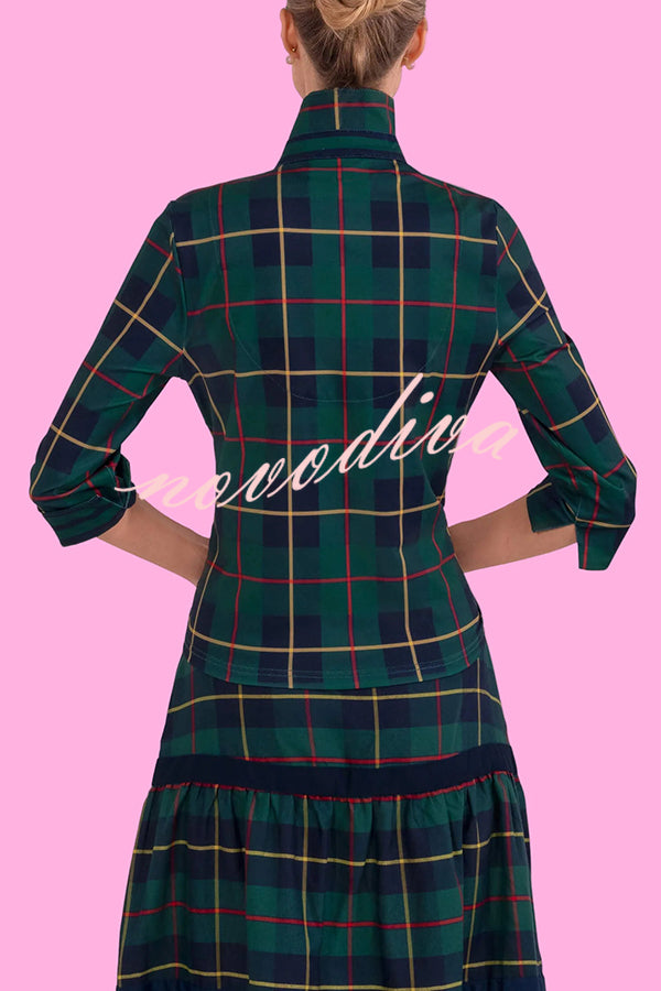 Embrace The Festival Plaid Twist Half Sleeve Shirt and Elastic Waist Pencil Pants Set