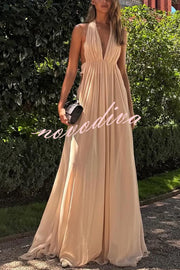 Ethereal Moment Tulle Cutout Ruched Waist Backless Halter Maxi Dress