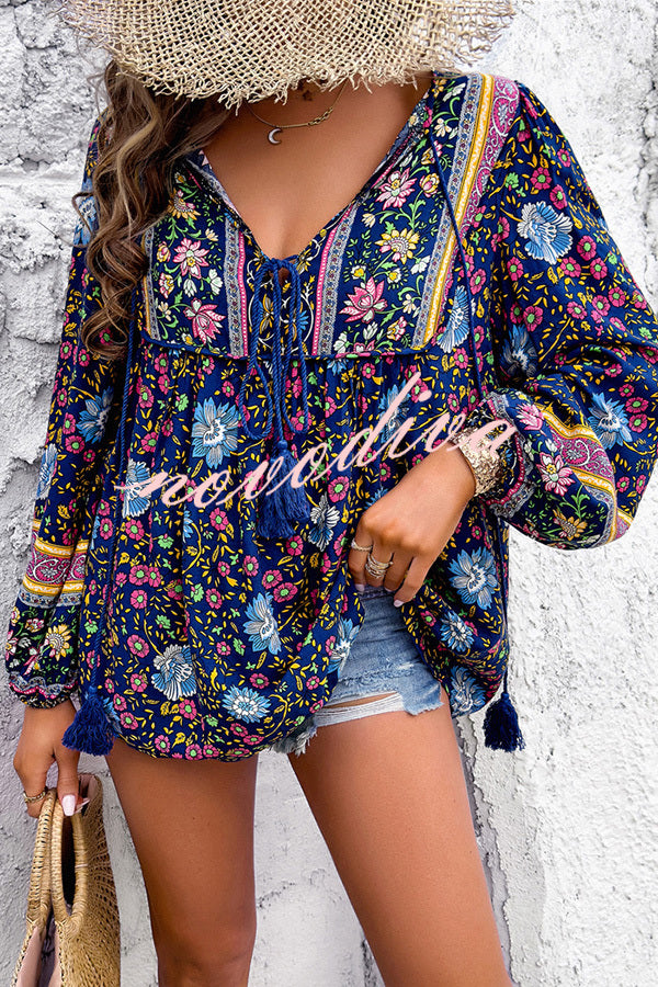 Intricate Floral Print V Neck Lace Up Paneled Long Sleeve Shirt