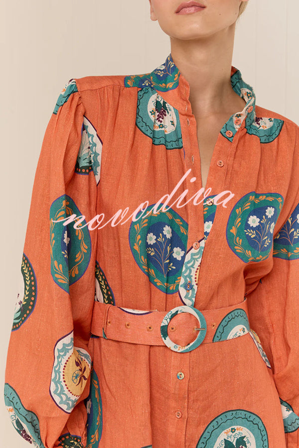 Linen Blend Unique Print Belted Single-breasted Casual Maxi Dress