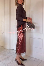 Upper East Chic Sequin Mesh Trim High Rise Slit Pencil Midi Skirt