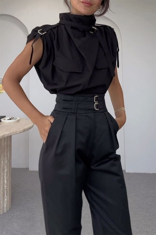 Statement Breast Pocket High Neck Top and Side Pocket Belt Long Pant Set