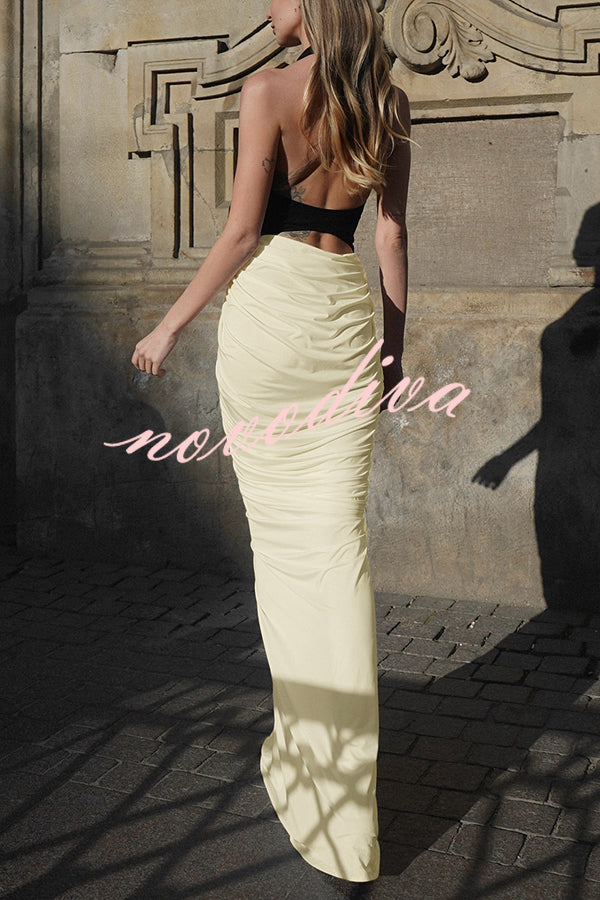 Fashionable Contrast Color Open Back Side Pleated Draped Maxi Dress