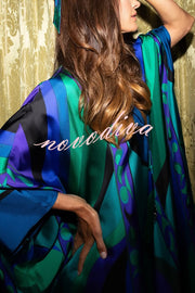 Holiday Choice Satin Unique Print Drape Wide Sleeve Loose Kaftan Maxi Dress