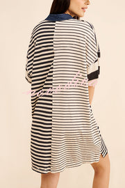 Contrast Striped Patchwork Denim Lapel Loose Casual Mini Dress