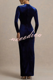 Wishes Velvet High Neck Long Sleeve Ruched Waist Wrap Slit Stretch Maxi Dress